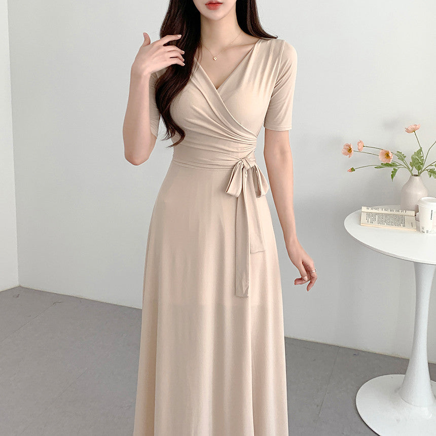 Slimming Lace Up Pure Color Split Short Sleeve Overknee Dress