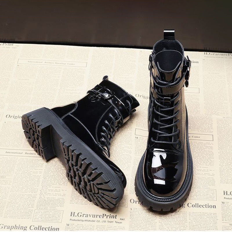 Block-heeled Mid-tube Patent Leather Boots