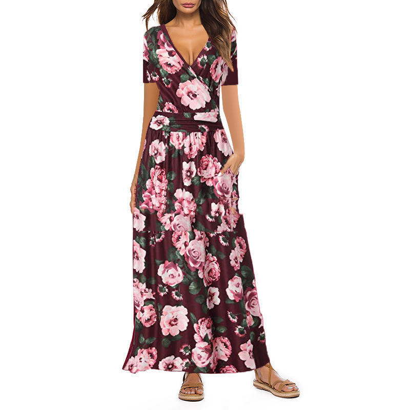 New Women's Printed V-Neck Wrap Breast Short Sleeve Pocket Dress