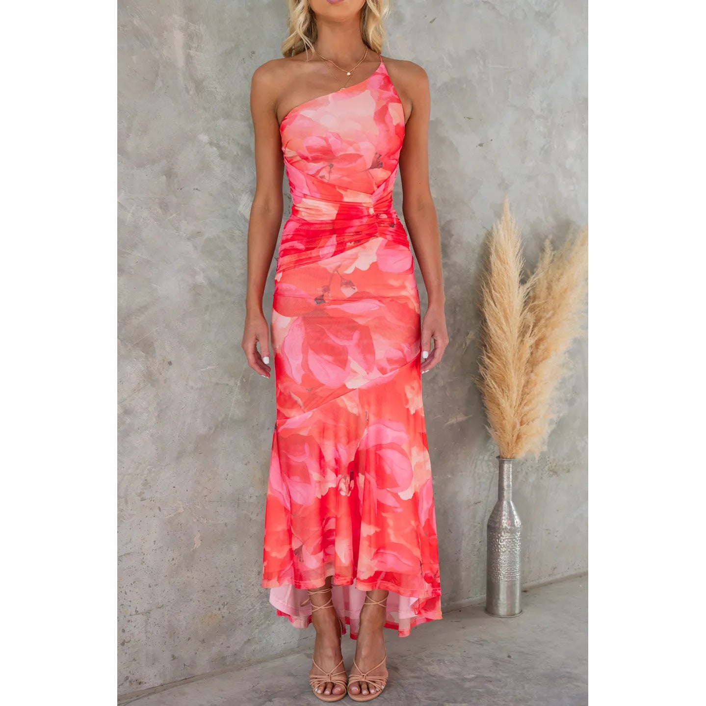 European And American Oblique Shoulder Printing Elastic Lining Dress INS Casual