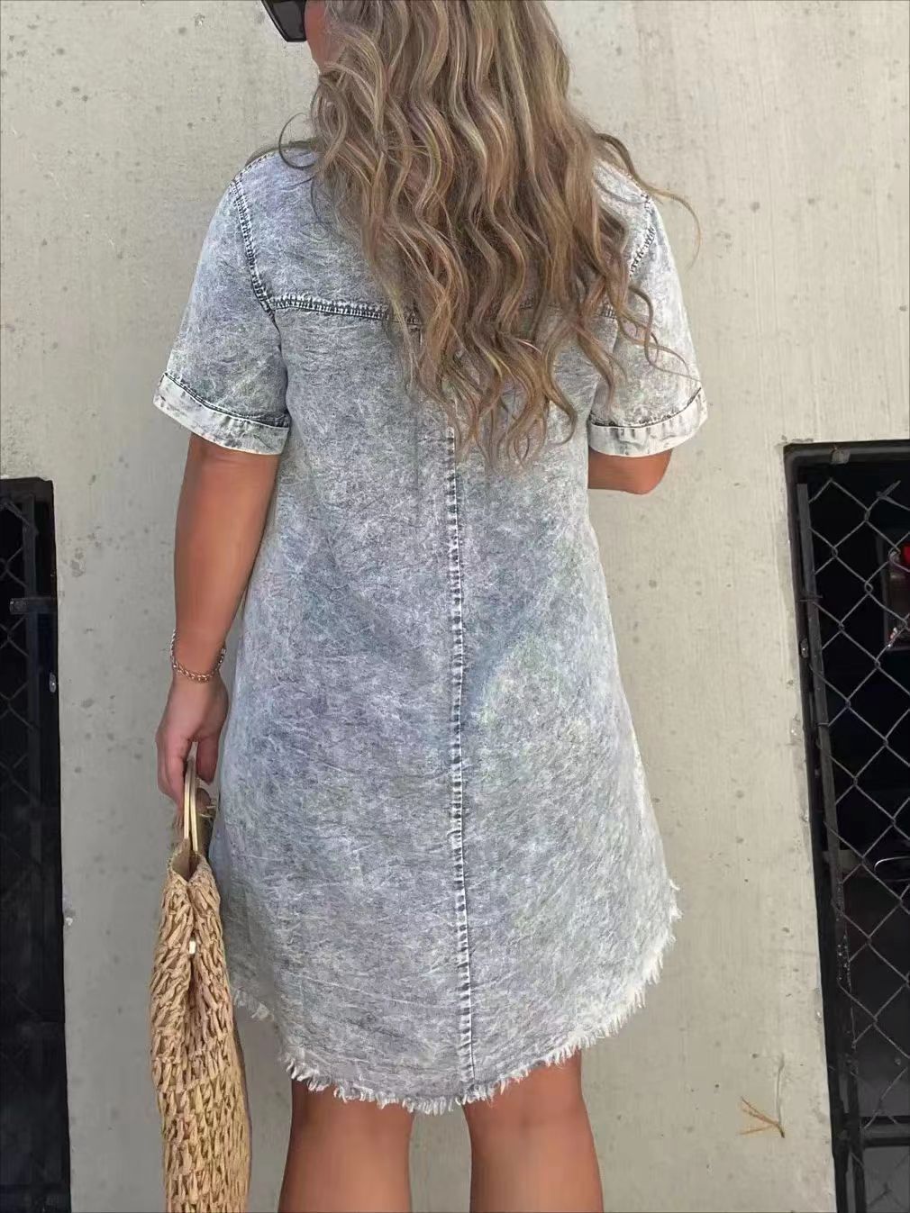 Casual Polo Collar Short Sleeve Denim Skirt Women's Retro Style Commuter Dress
