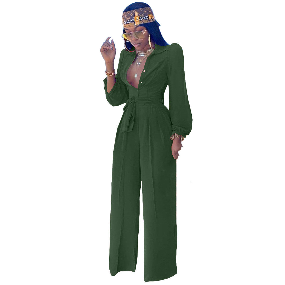 Fashion Solid Color Casual Shirt Collar Jumpsuit With Belt