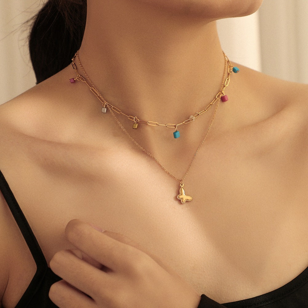 New Stainless Steel Colorful Bead Necklace Double Clavicle Chain Simple And Fashionable Butterfly Pendant