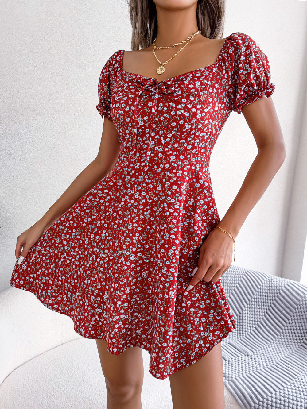 Flared Sleeve Drawstring Lace Floral Print Large Swing Dress