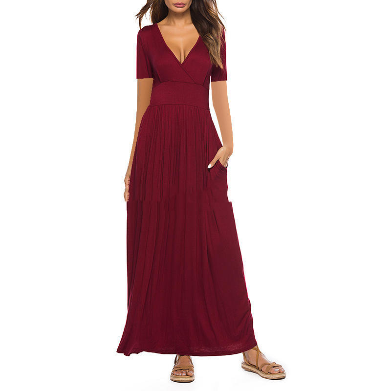 New Women's Printed V-Neck Wrap Breast Short Sleeve Pocket Dress