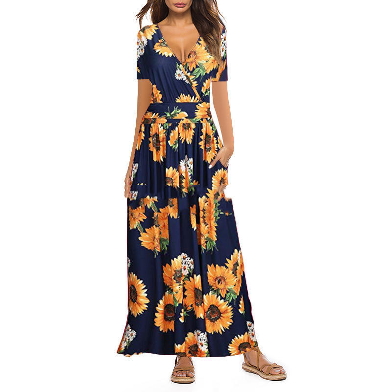 New Women's Printed V-Neck Wrap Breast Short Sleeve Pocket Dress