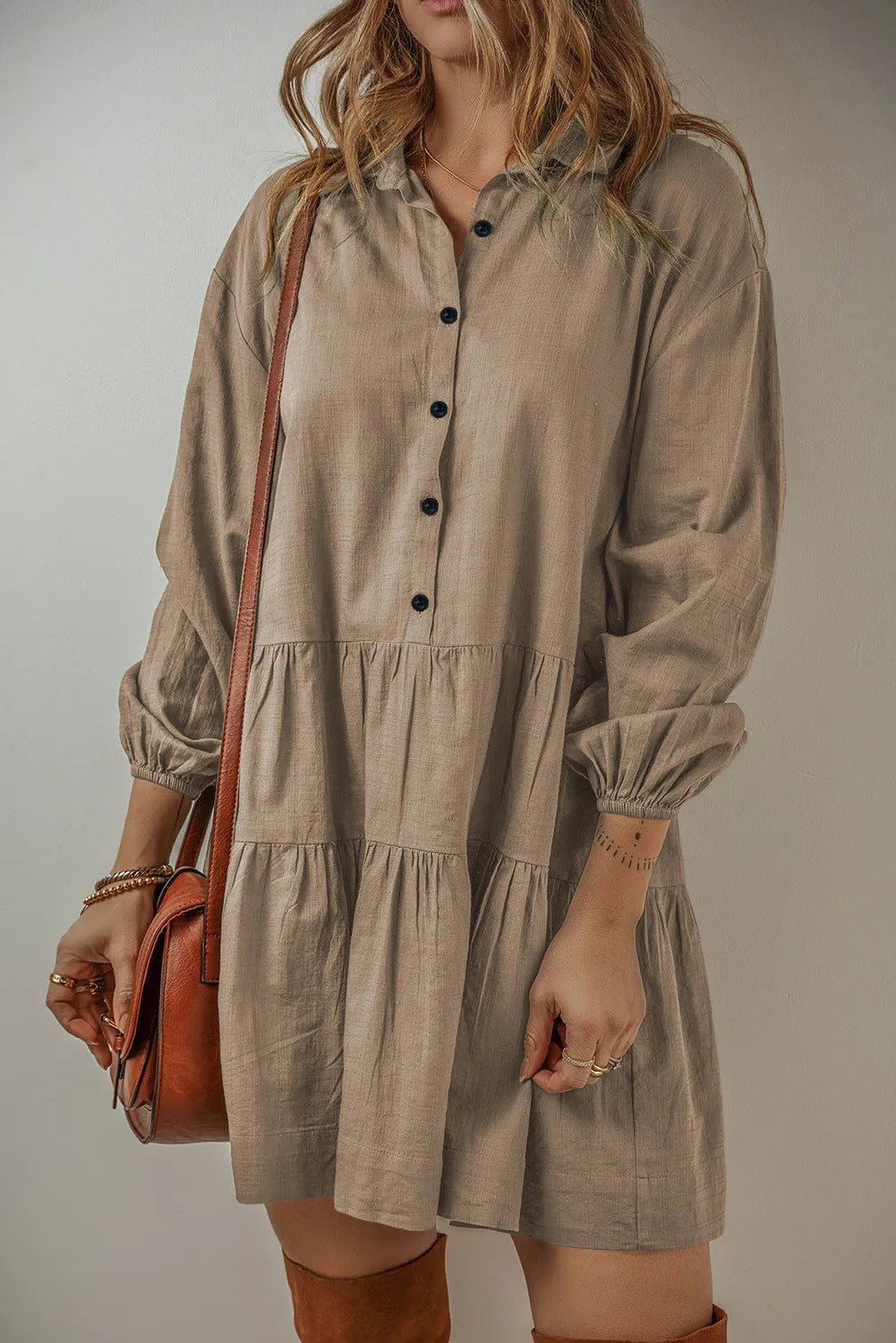 Solid Color Fashion Long Sleeve Stitching Dress Women