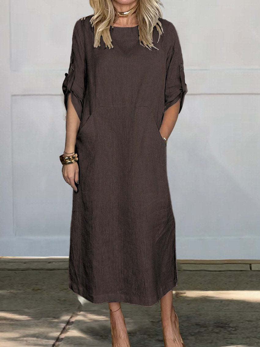Women's Cotton And Linen Solid Color Casual Round-neck Long Dress