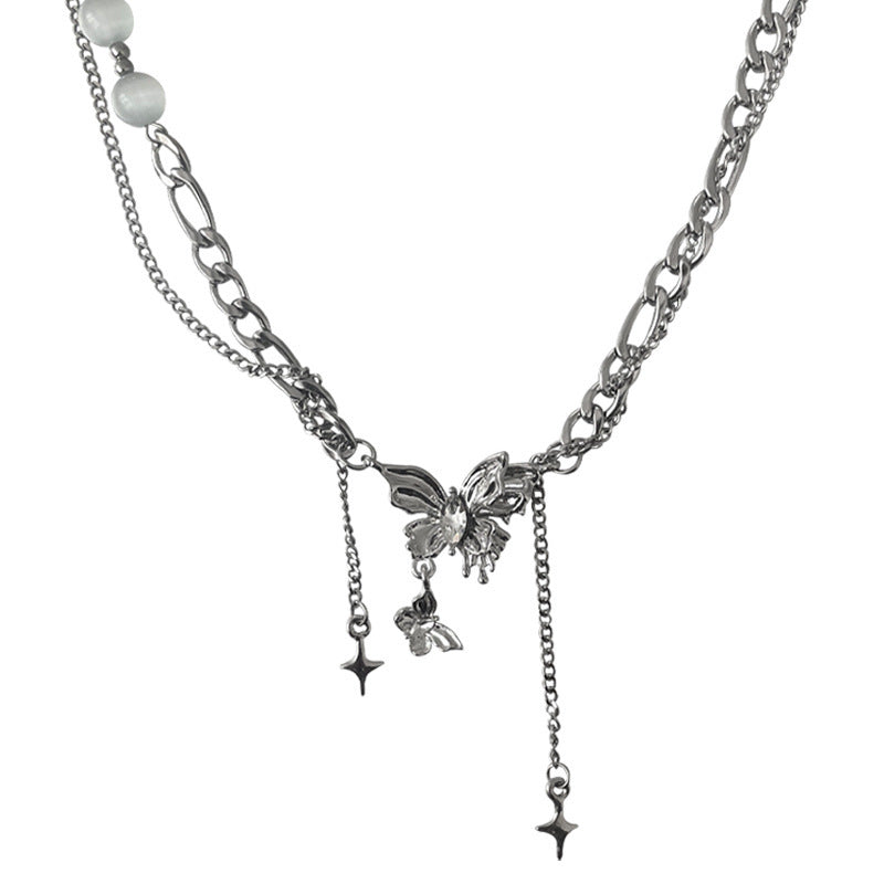 Opal Stitching Butterfly Tassel Necklace