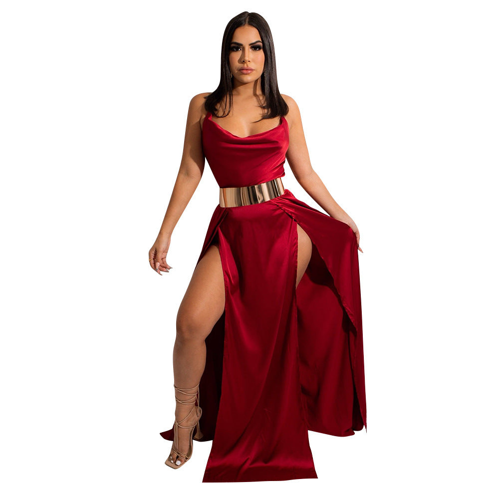 Sling Backless Swing Collar Split Dress Women