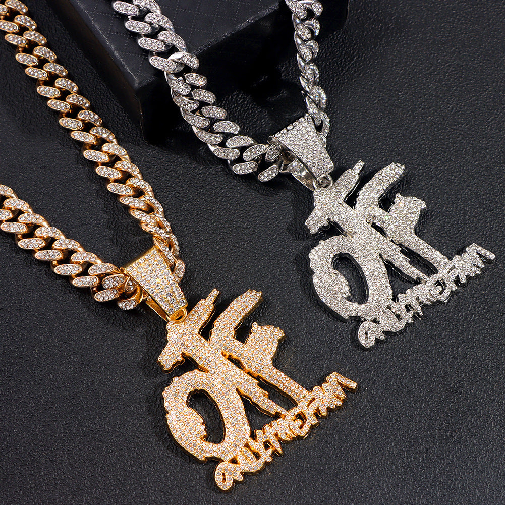Domineering Cool Trendy Patchwork Letter Pendant Necklace Diamond-embedded Trendy Shiny OTF Pendant Cuban Necklace