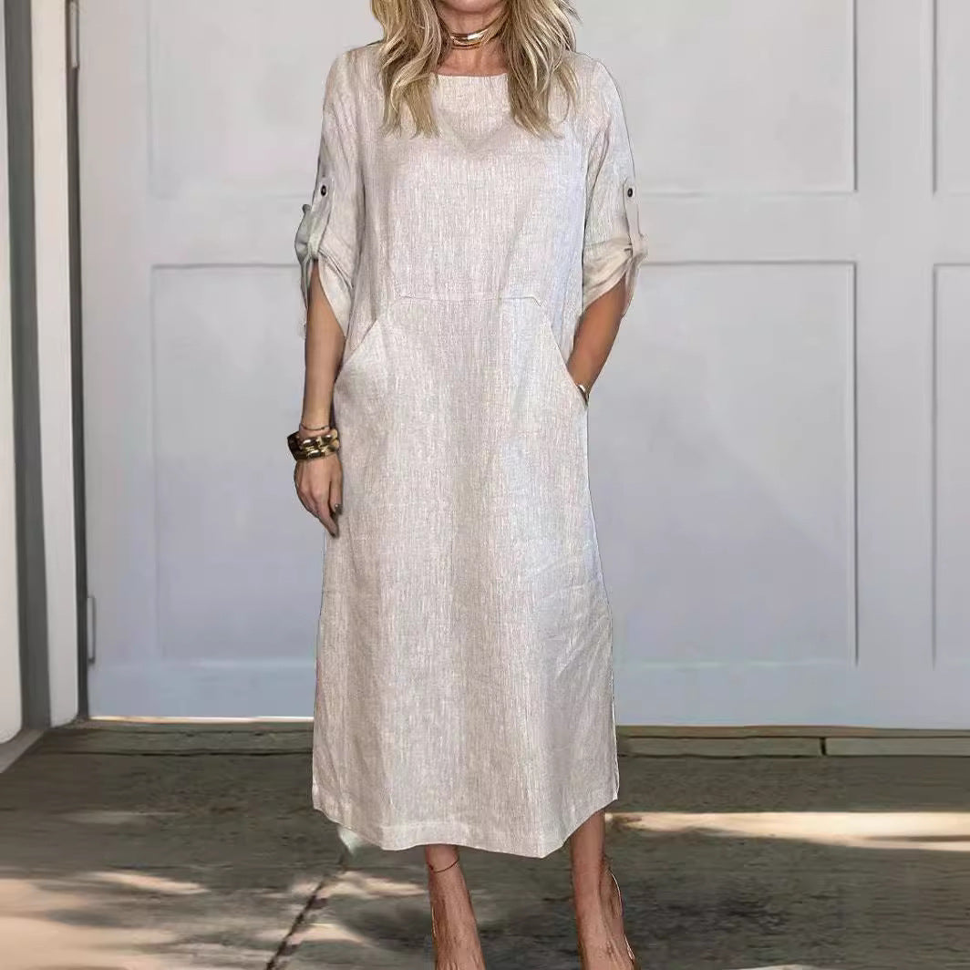 Women's Cotton And Linen Solid Color Casual Round-neck Long Dress