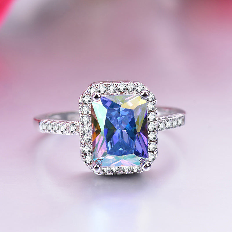 Princess rectangular diamonds with colorful zircon rings