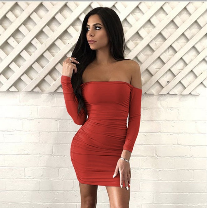 ZY8903 Europe and America sexy shoulder length sleeve sleeve hip dress, Amazon cross border autumn and winter burst 5 colors 4 yards