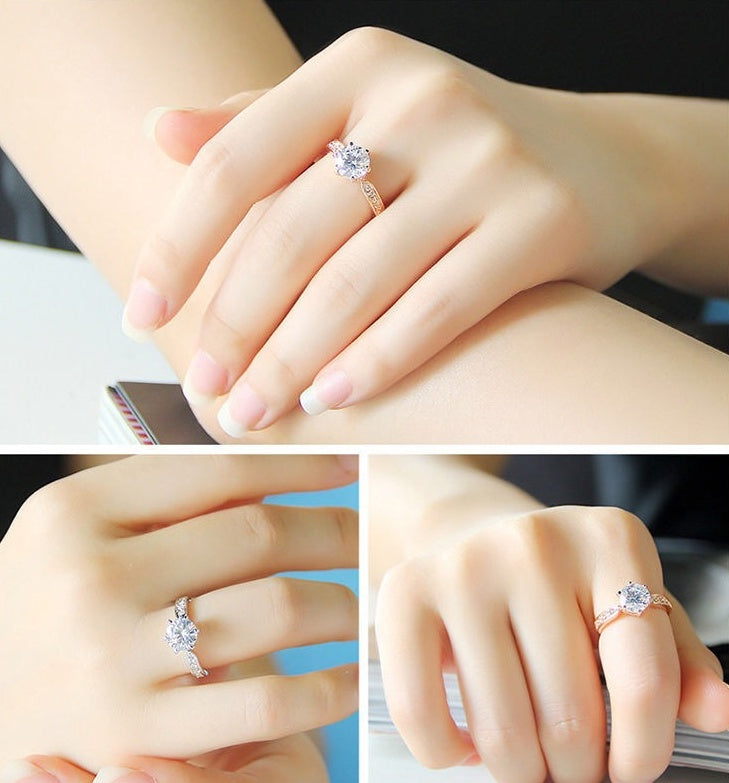 Temperament luxury simulation diamond ring wedding opening copper plated silver ring female Korean version of zircon single drill live ring