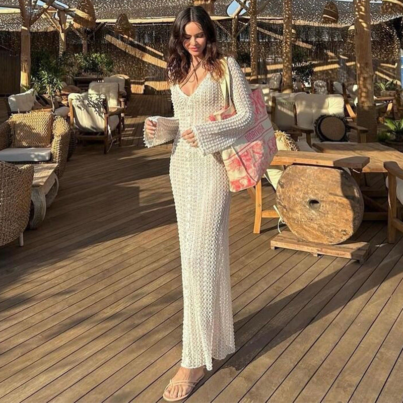 Elegant Long Sleeve Beach Cover-up Vacation Maxi Dress - Lena