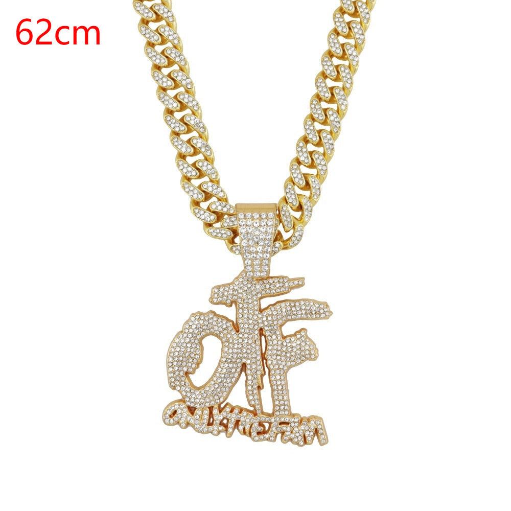 Domineering Cool Trendy Patchwork Letter Pendant Necklace Diamond-embedded Trendy Shiny OTF Pendant Cuban Necklace