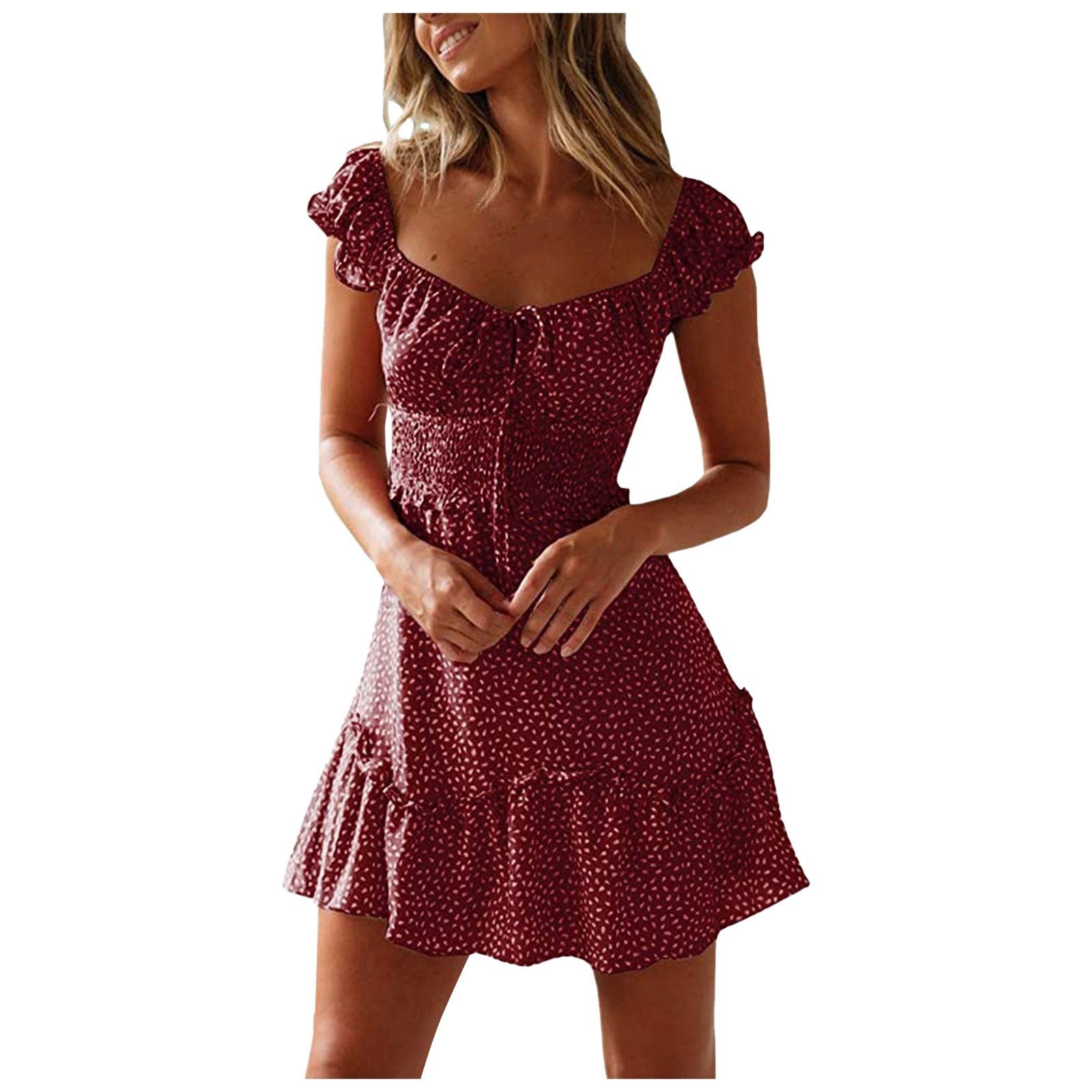 New Splicing Ruffled Floral Skirt Short-sleeved Printed U-Neck And High-Waisted Dress
