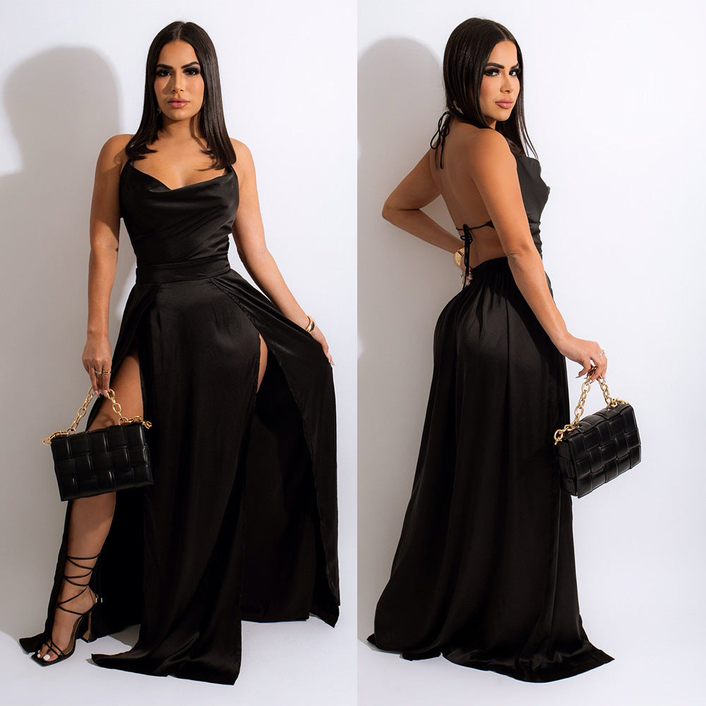 Sling Backless Swing Collar Split Dress Women