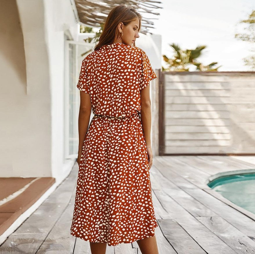 Short-sleeved lace casual elastic waist cotton floral dress