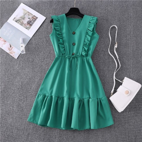 Yellow V-neck ruffled bubble lace dress