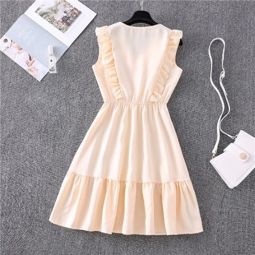 Yellow V-neck ruffled bubble lace dress
