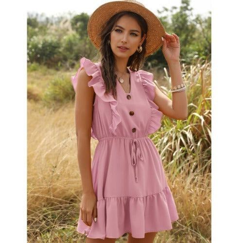 Yellow V-neck ruffled bubble lace dress