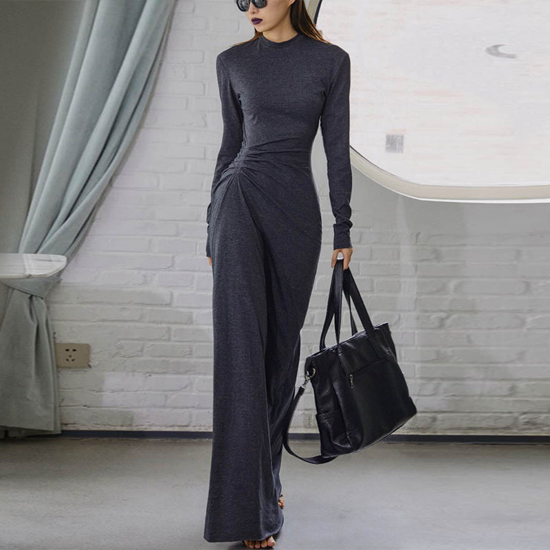 New Casual High Waist Slim Sim Stretch Super Long T-Shirt Skirt Temperament Light Mature Tight-Fitting Long-Sleeved Pleated Dress - Lena