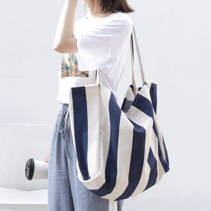 Casual, shopping, beach tote bag (Wide Stripe Blue) - Lena