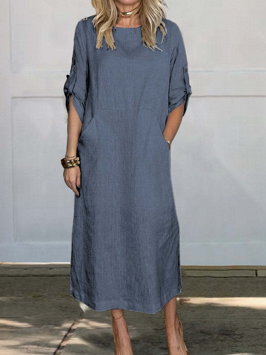 Women's Cotton And Linen Solid Color Casual Round-neck Long Dress
