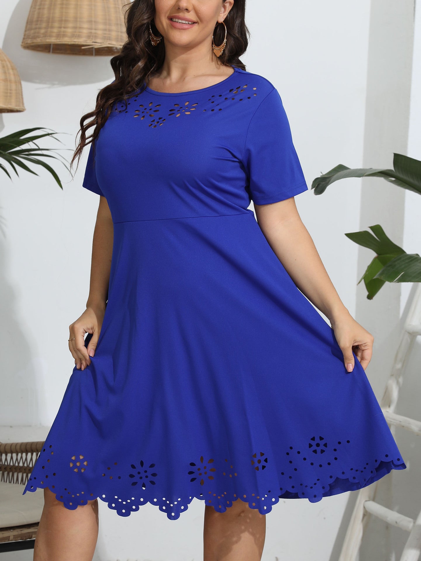 European And American Burnt Flower Hollow-out Cinched Short Sleeve Large Swing Solid Color Dress