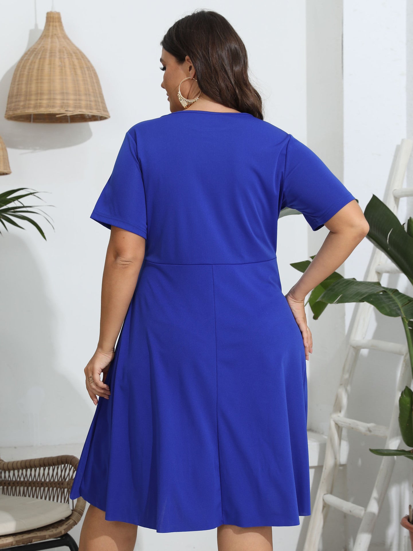 European And American Burnt Flower Hollow-out Cinched Short Sleeve Large Swing Solid Color Dress