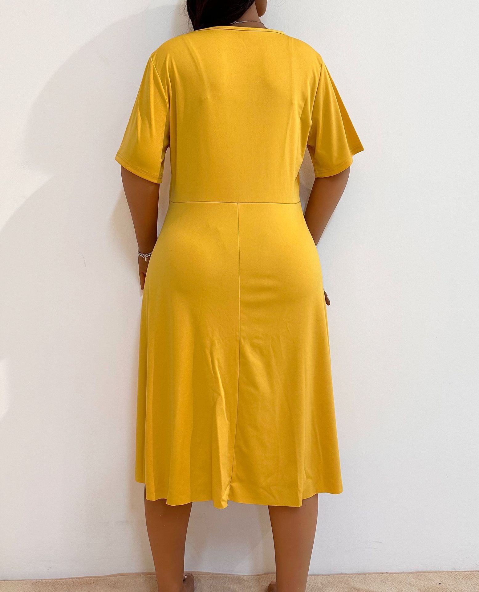European And American Burnt Flower Hollow-out Cinched Short Sleeve Large Swing Solid Color Dress