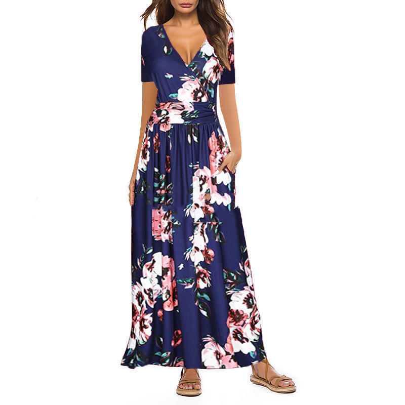 New Women's Printed V-Neck Wrap Breast Short Sleeve Pocket Dress
