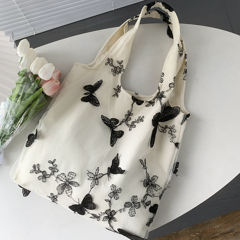 Embroidered Black Butterfly Canvas Bag Lace Women's Artistic