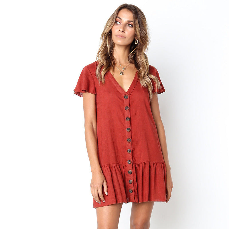 Buttoned short-sleeved pleated dress