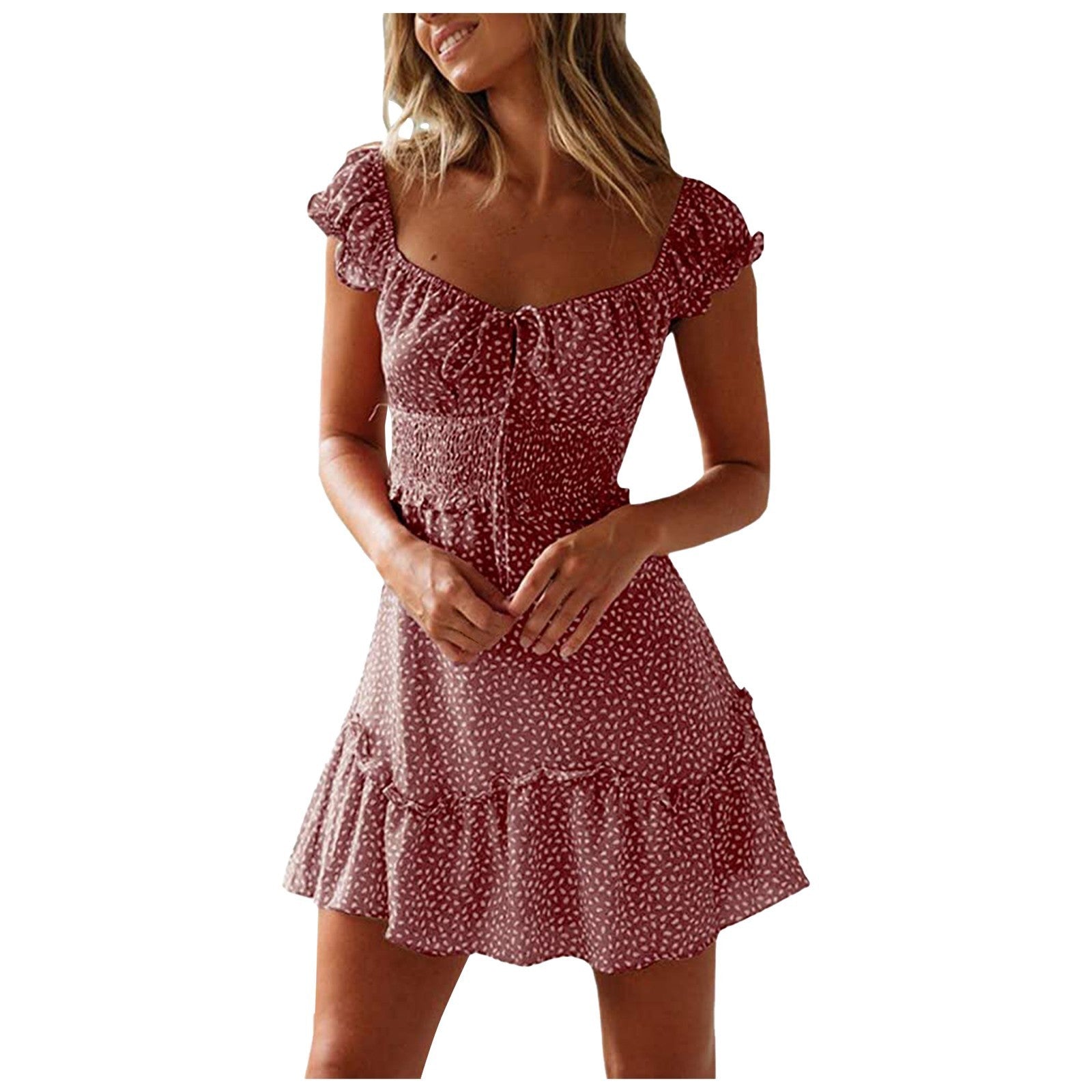 New Splicing Ruffled Floral Skirt Short-sleeved Printed U-Neck And High-Waisted Dress