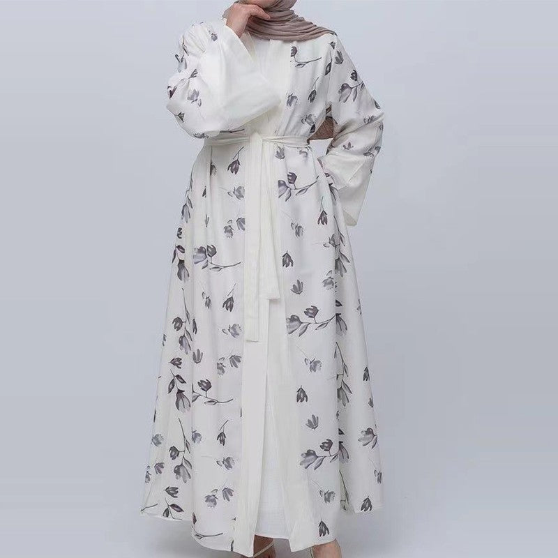 Ethnic Print Long Dress Fashion Lace-up Robe