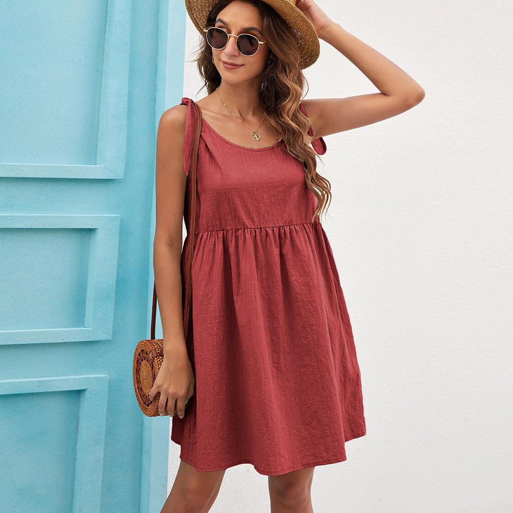 Casual Lace-up Doll Skirt Cotton And Linen Dress
