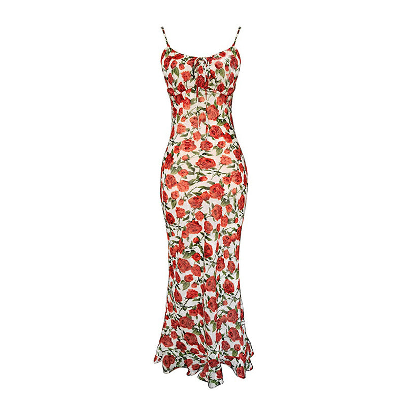 Rose Floral Suspender Dress Retro Fishtail