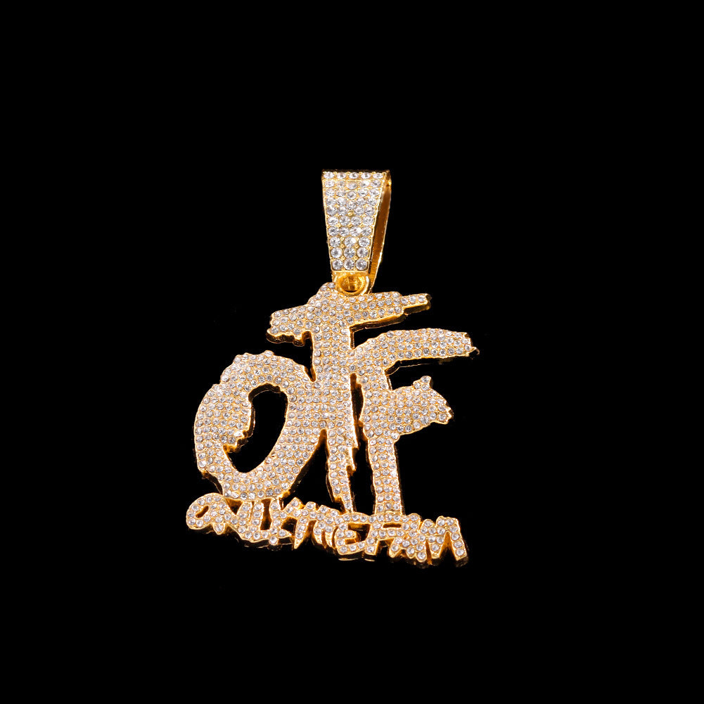 Domineering Cool Trendy Patchwork Letter Pendant Necklace Diamond-embedded Trendy Shiny OTF Pendant Cuban Necklace