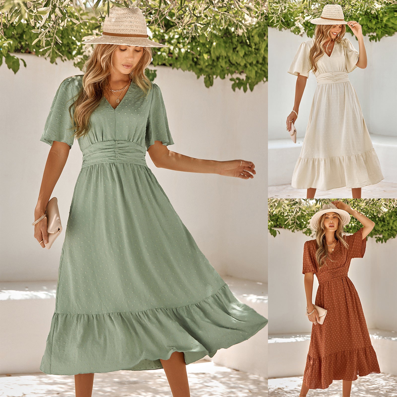 Summer New V-neck Lotus Leaf Sleeve Solid Color Jumpsuit Long Skirt Female