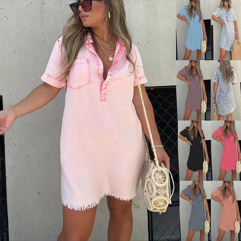 Casual Polo Collar Short Sleeve Denim Skirt Women's Retro Style Commuter Dress