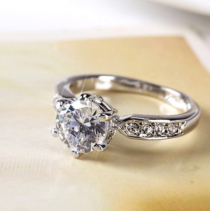 Temperament luxury simulation diamond ring wedding opening copper plated silver ring female Korean version of zircon single drill live ring