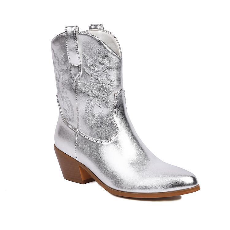 Mirror Patent Leather Embroidery Knee-high Boots Pointed Mid-calf Embroidery Chunky High Heel