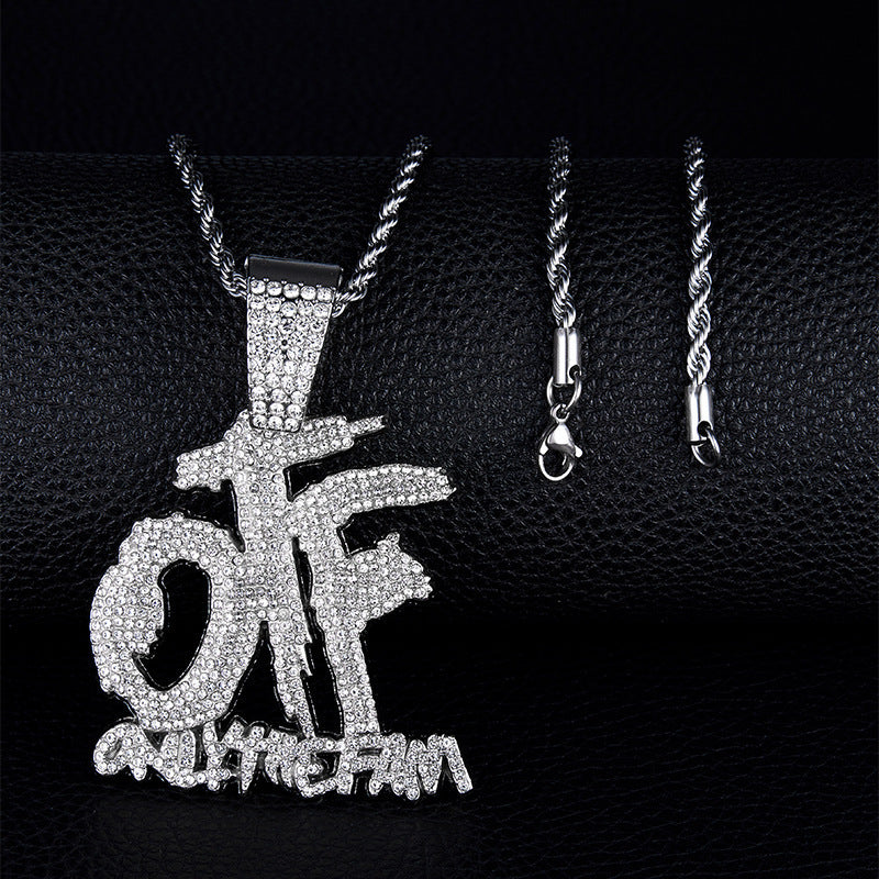 Domineering Cool Trendy Patchwork Letter Pendant Necklace Diamond-embedded Trendy Shiny OTF Pendant Cuban Necklace