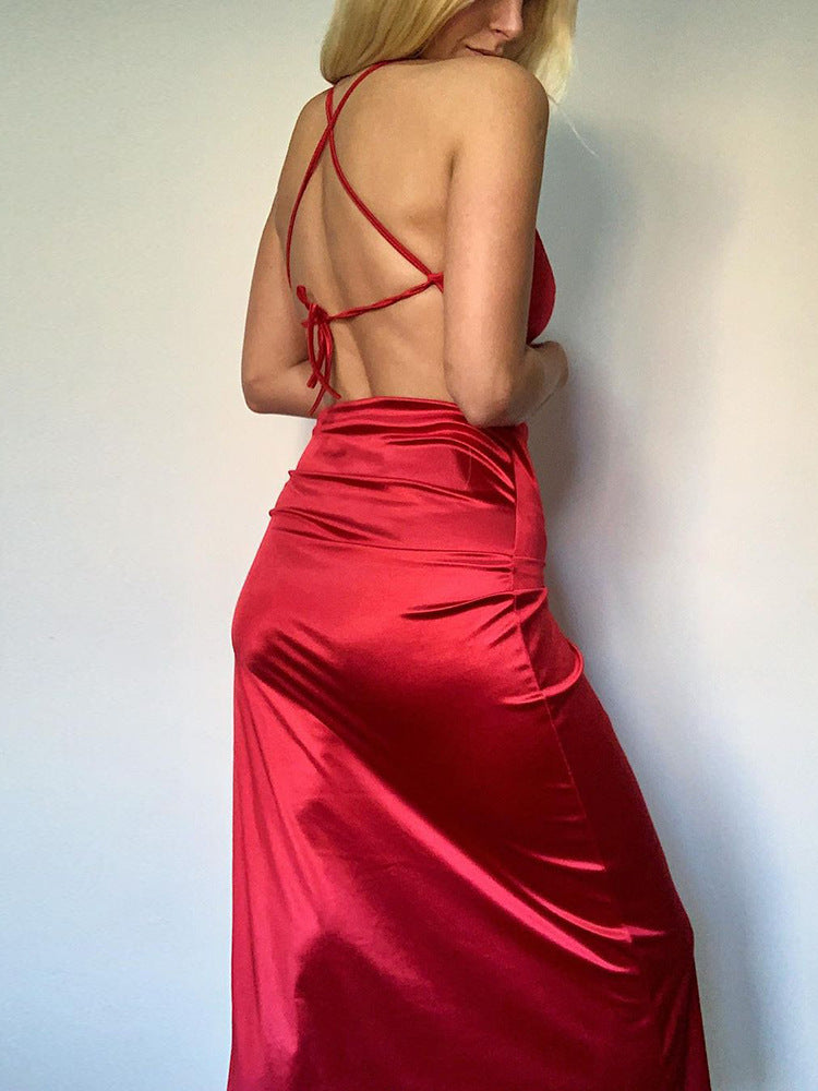 Women's Clothing Pure Color Halter Backless Thin Strap Hip Bag Dress