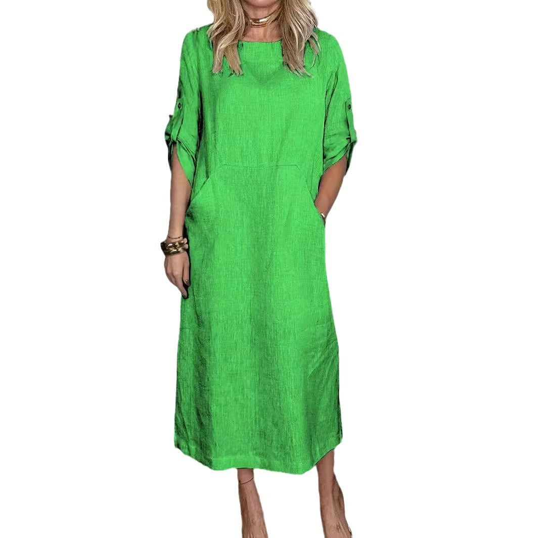 Women's Cotton And Linen Solid Color Casual Round-neck Long Dress