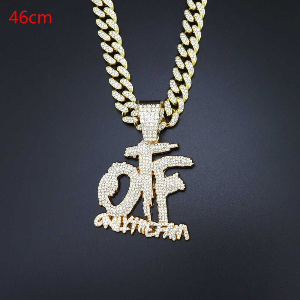 Domineering Cool Trendy Patchwork Letter Pendant Necklace Diamond-embedded Trendy Shiny OTF Pendant Cuban Necklace