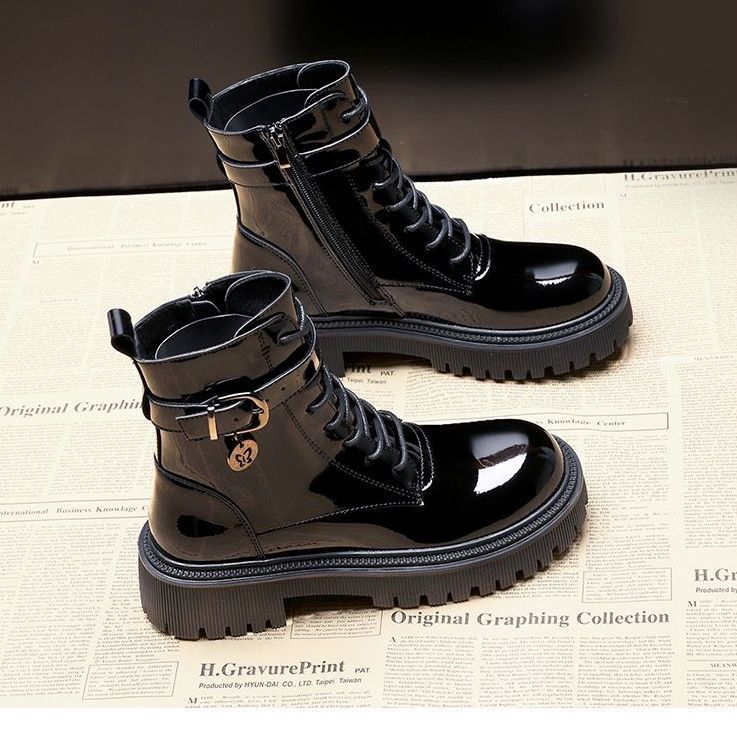 Block-heeled Mid-tube Patent Leather Boots